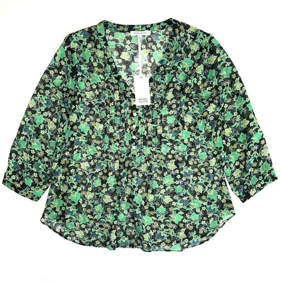 NWT Rose & Olive Green Metallic Floral Blouse Size Medium - Picture 1 of 12